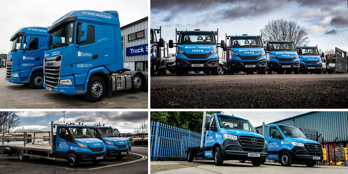 Collage of 4 images showing the First Fence fleet of vehicles
