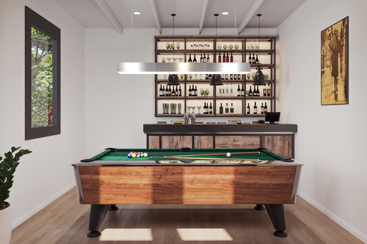 Pool table and bar inside a summer house