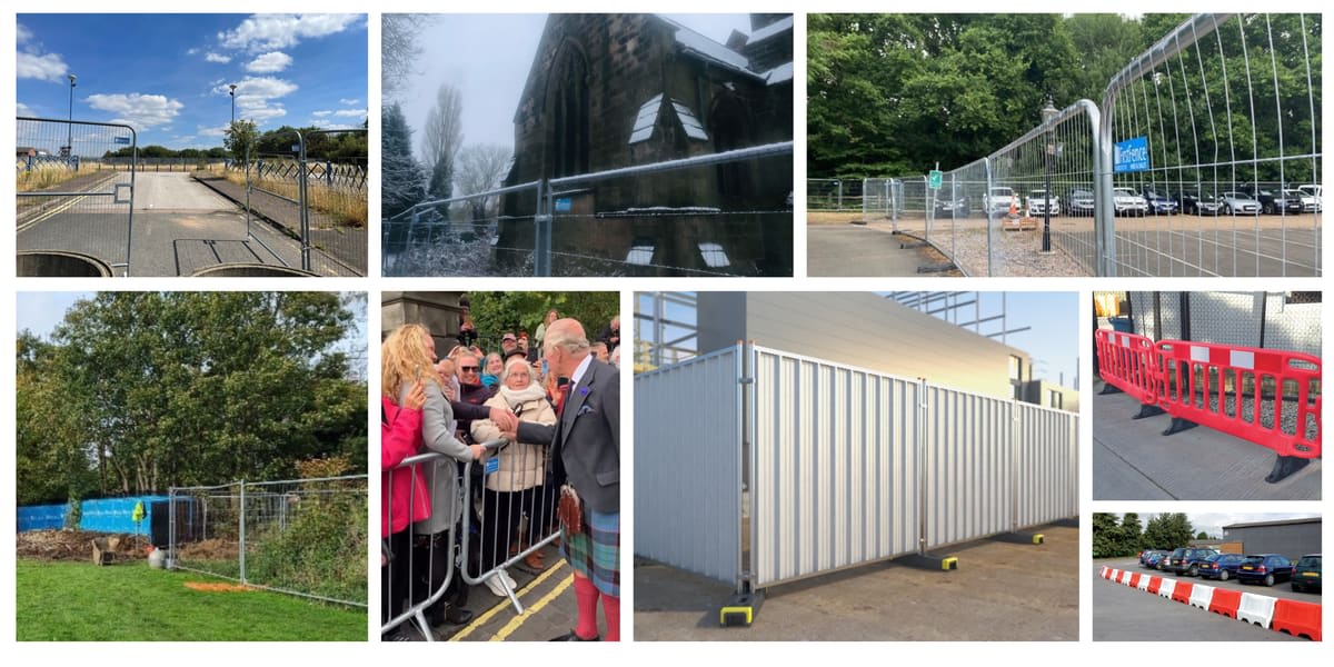 Collage of temporary fencing. Some is protecting work sites, some used for crowd barriers, and some in car parks