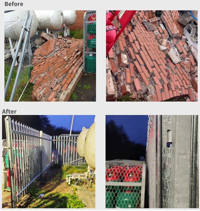 Before and after pictures of palisade fencing installed around gas containers