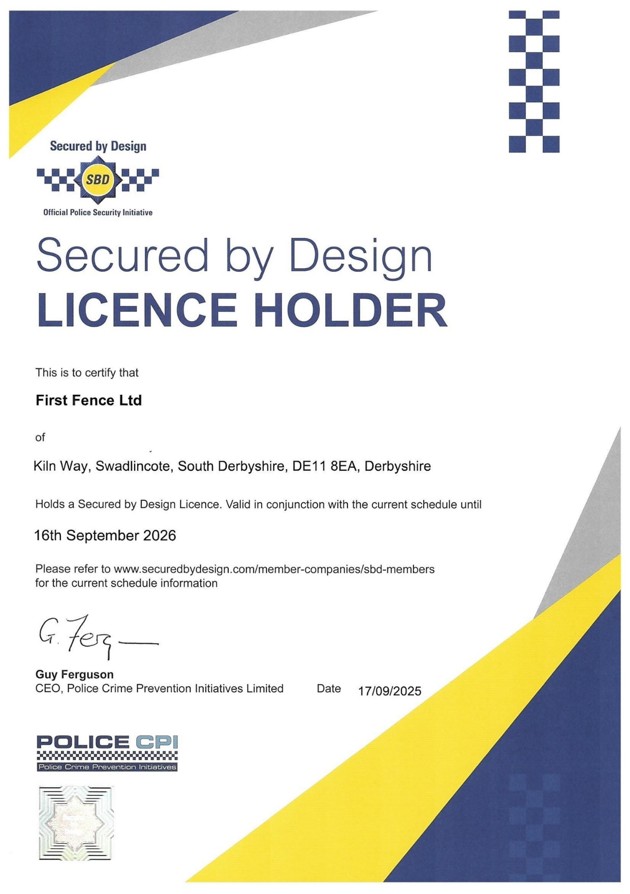 Secured By Design Certificate