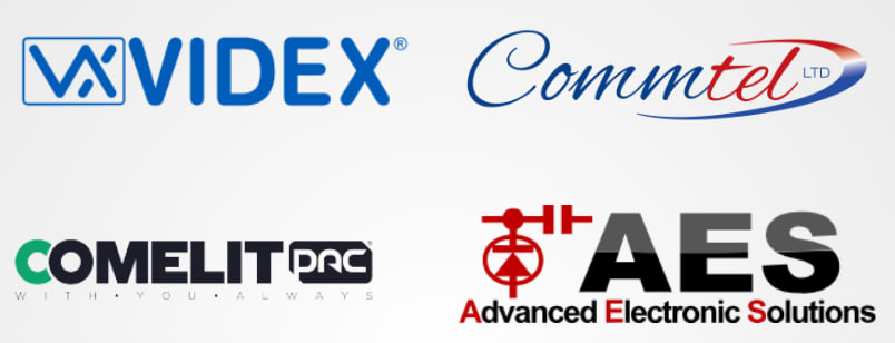Compilation of logos, including Videx, Commtel Ltd, Comelit, AES (Advanced Electronic Solutions)
