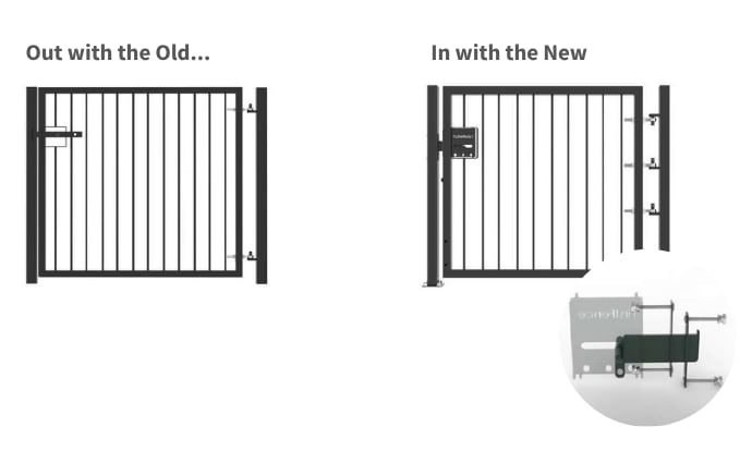 Our old railing gate compared to our new FlexiRail Gate