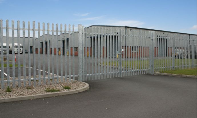 PaliGuard palisade fencing and gates installed outside an industrial building