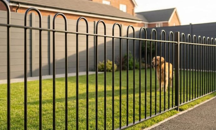 Dog safe in a garden, behind bow top railings