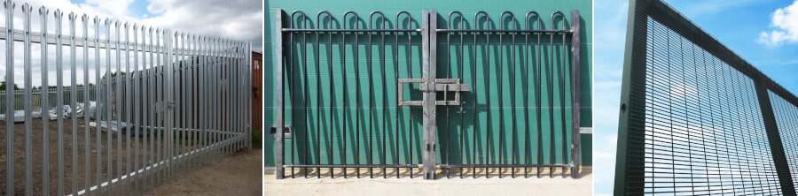First Fence security gates. There is a palisade gate, a vertical bar gate, and a mesh gate