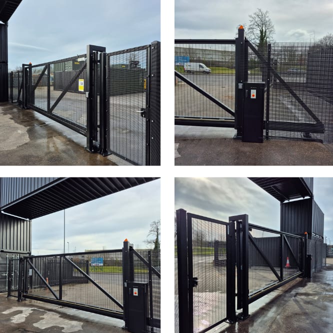 College of images showing an installed cantilever sliding gate at a shipping facility
