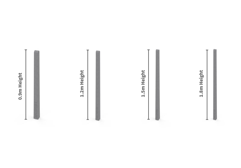 This shows the 4 available heights for concrete posts. This includes 0.9m, 1.2m, 1.5m, and 1.8m.