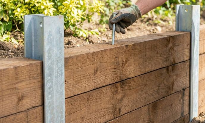 Retaining wall made of railway sleepers and RSJ posts