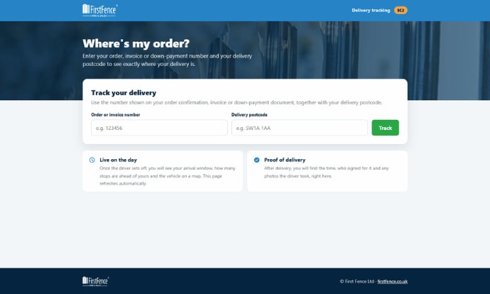 Screenshot of the order tracking portal