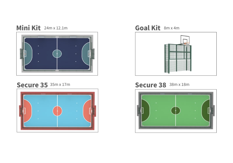 Types of MUGA fencing made by First Fence. This includes a Mini Kit, a Goal Kit, Secure 35, and Secure 38 fencing.
