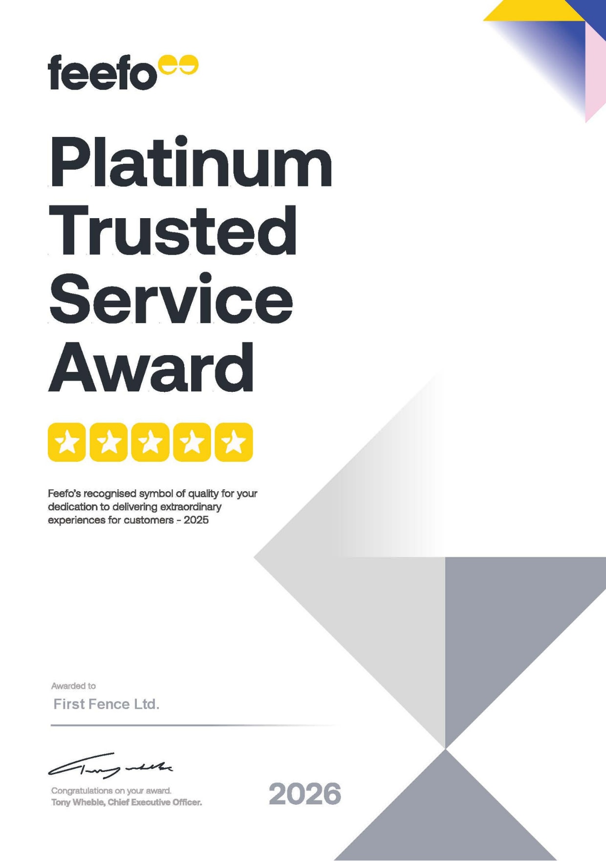 Feefo Platinum Trusted Service Award given to First Fence