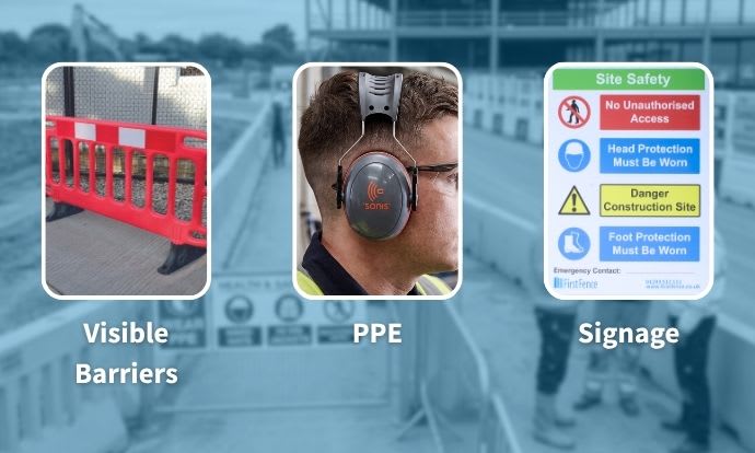 Visible barriers, PPE, and safety signage