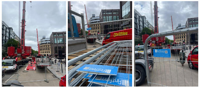 College of images showing temporary fencing being deployed around a crane in Birmingham city centre