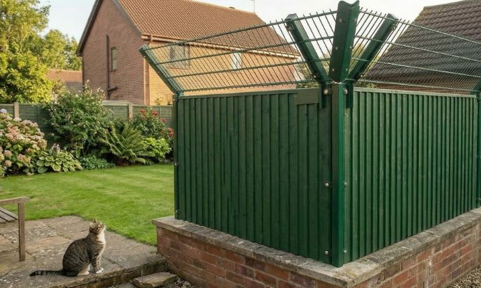 Cranked mesh wall topper installed on a timber fence in a domestic garden to keep a cat safe