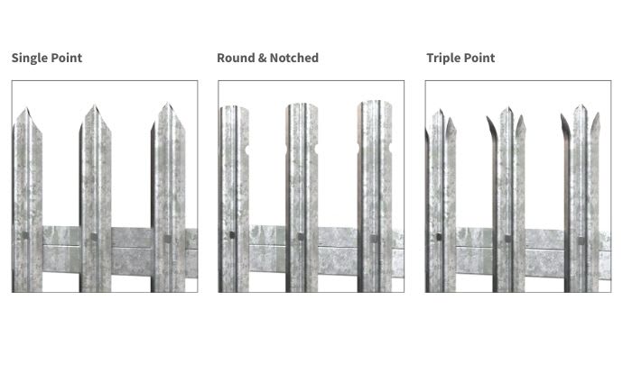 Single point, round and notched, and triple point palisade fencing pales