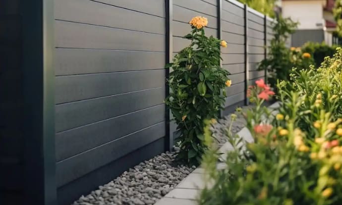 Composite fencing next to a flower bed
