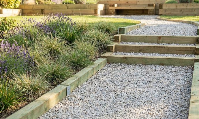Railway sleepers used to create garden steps and line a walking path