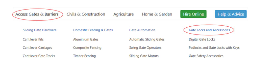 Navigation menu on the First Fence website showing where to find Gate Locks and Accessories