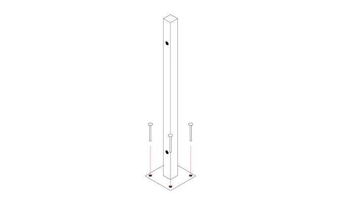 Illustration of a bolt down post being secured with bolts