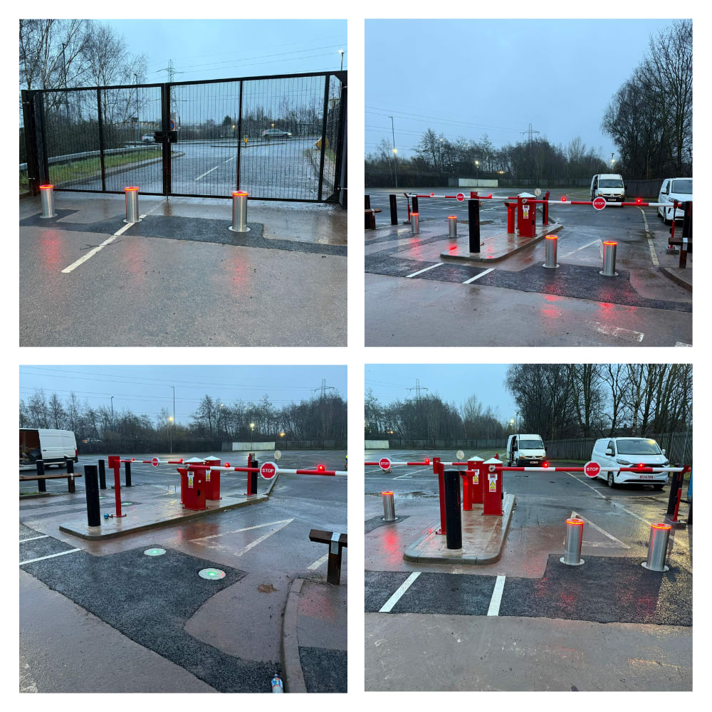 Colege of images showing bollards, barriers, and gates at a commercial property
