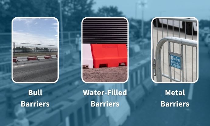 Bull barriers, water-filled barriers, and metal barriers