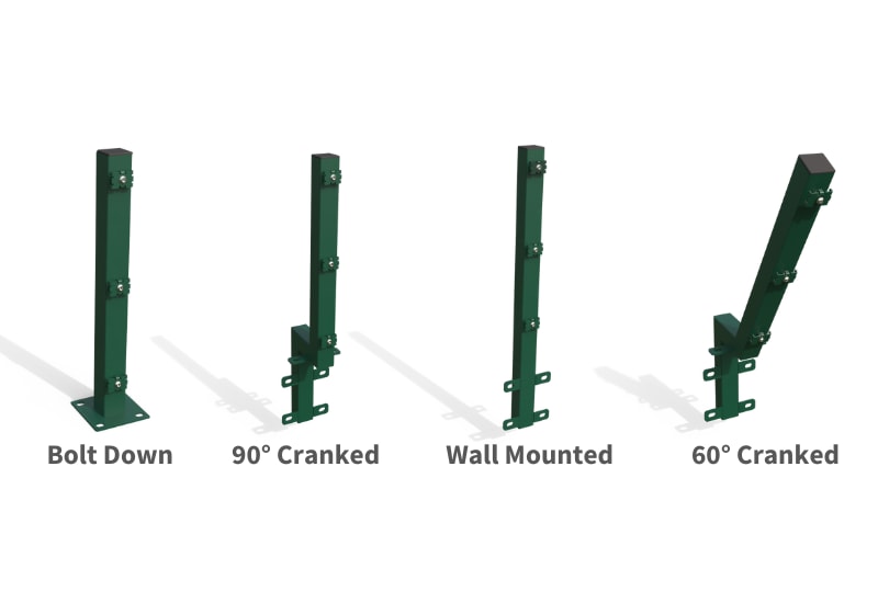 Types of posts, including: bolt-down, 90 degree cranked, wall-mounted, and 60 degree cranked