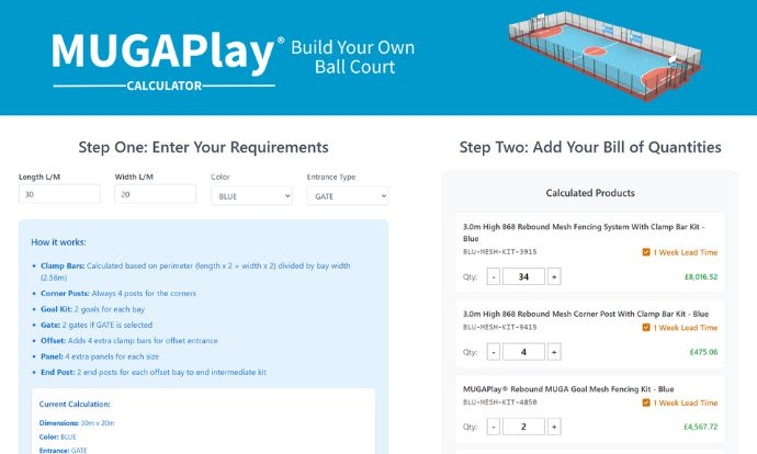 First Fence MUGA Calculator page