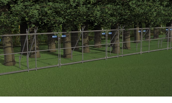 Firstshield metal posts tree protection kit installed around protected trees