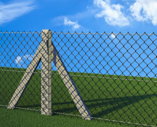 Chain Link fence in a grassy field, held up by concrete posts.