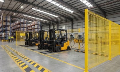 Forklifts parked in a warehouse, with yellow v mesh fencing around them