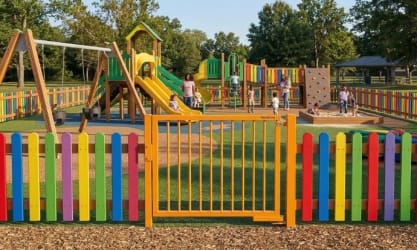 Yellow finish PlaySecure gate and colourful wooden picket fencing installed at a playground