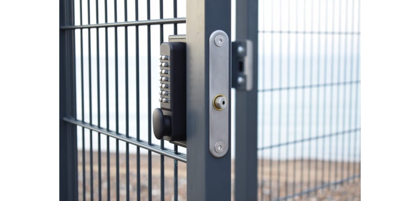 Single Sided Digital Lock installed on open Mesh Gate 