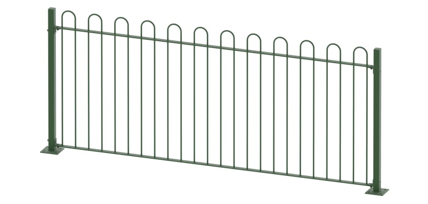Green 2.1m High Bow Top Railings With Bolt Down Posts