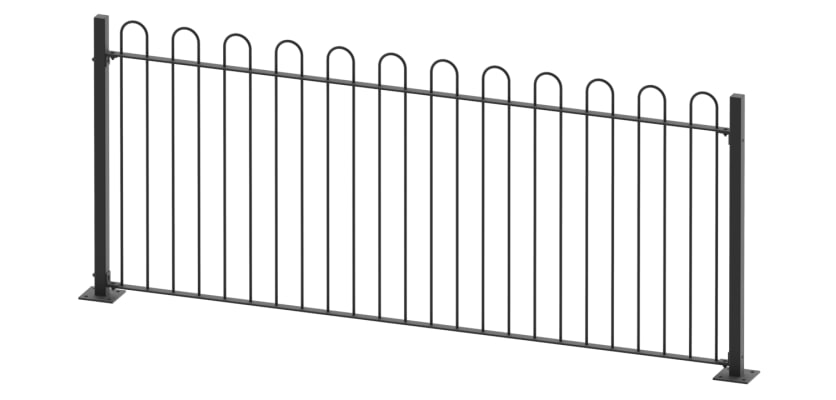 Black  2.1m High Bow Top Railings With Bolt Down Posts