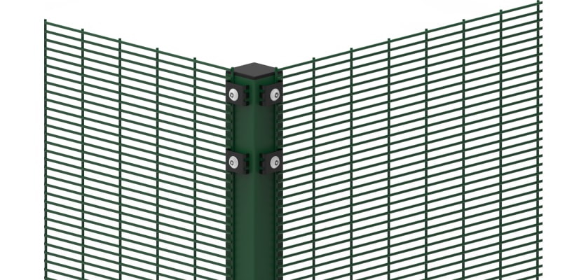 Close up of the 1.8 metre high green corner post for mesh fencing 
