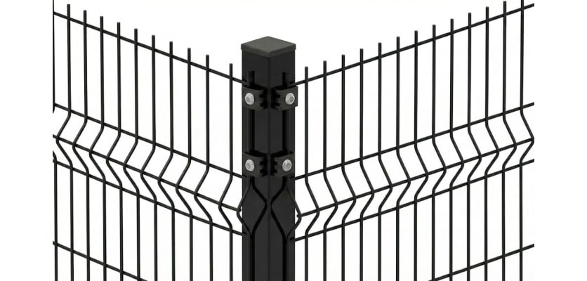 Close up of the top section of a 1.2 metre high black corner post for mesh fencing 