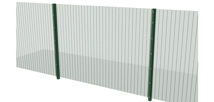 Full panel view of the green 2.0 metre high 358 prison mesh fencing with clamp bar fittings