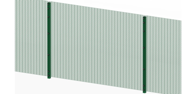 Full panel view of the green 2.0 metre high 358 prison mesh fencing 