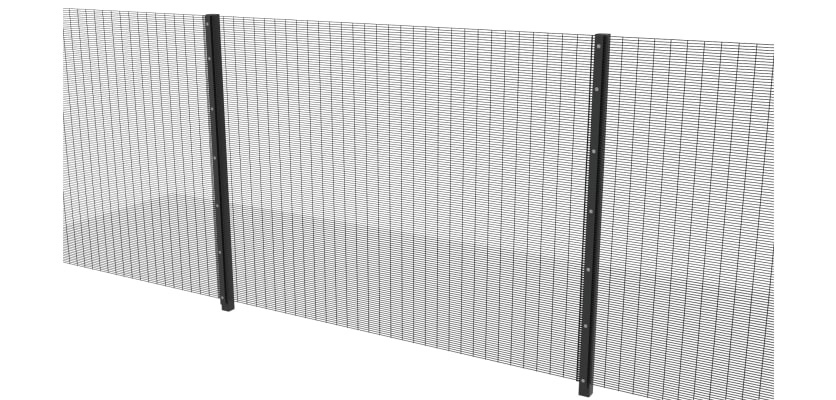 Full panel view of the black 2.0 metre high 358 prison mesh fencing with clamp bar fittings