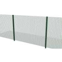 Full panel view of the green 2.4 metre high 358 prison mesh fencing with clamp bar fittings