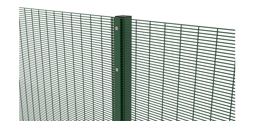 Close up of the clamp bar fittings for the green 358 prison mesh fencing 