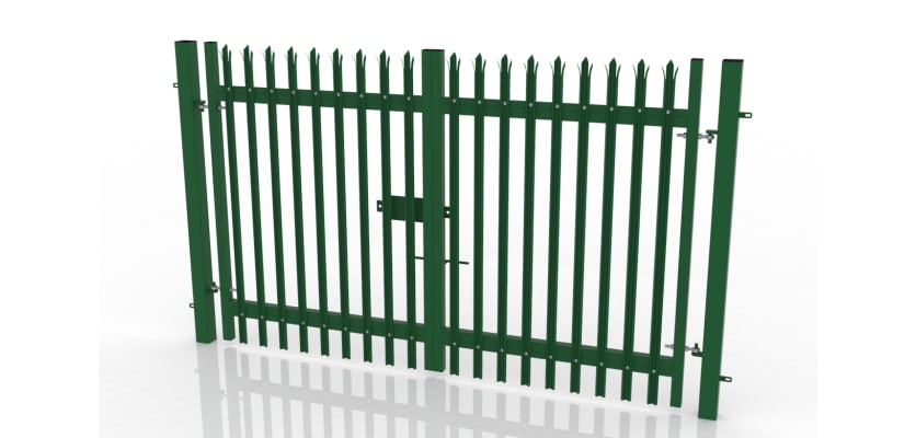 Green 1.8 metre high by 2.0 metre wide double leaf palisade gate 