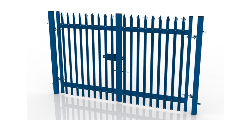 Blue 1.8 metre high by 2.0 metre wide double leaf palisade gate 
