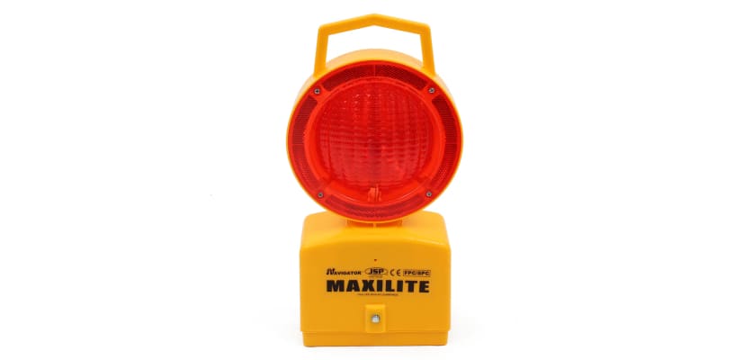 Maxilite LED Hazard Warning Light with a red lens, featuring a sturdy bolt for secure mounting, ideal for emergency situations and roadside assistance.