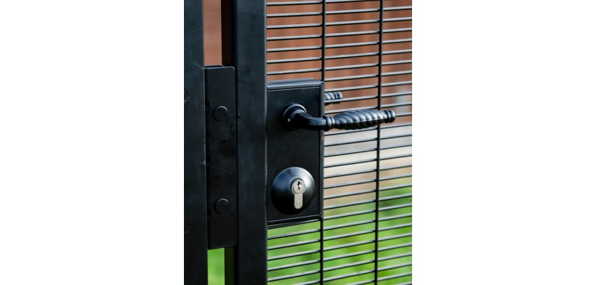 Close up of Latch Deadlock with Traditional Handles installed on Mesh Gate