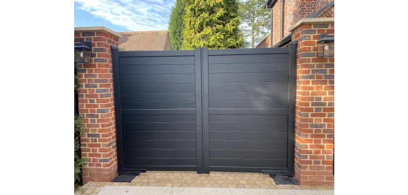 3.25m Wide Aluminium Double Swing Driveway Gate With Horizontal Infill In Grey