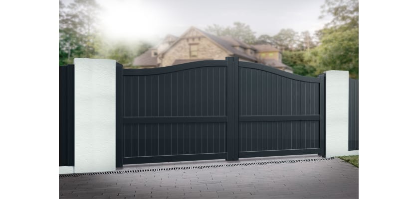Grey 3.75m Wide Aluminium Double Swing Driveway Gate With Vertical Infill And Bell-Curved Top
