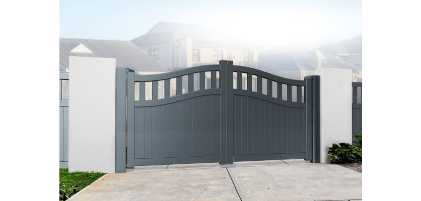 Grey 3.25m Wide Aluminium Double Swing Driveway Gate With Vertical Infill And Partial Privacy