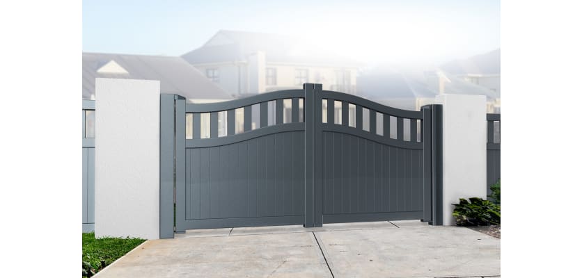 Grey 3.5m Wide Aluminium Double Swing Driveway Gate With Vertical Infill And Partial Privacy